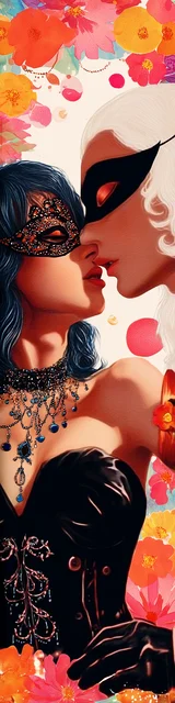 Free colorful bookmark featuring a couple in an almost-kiss artistic pose